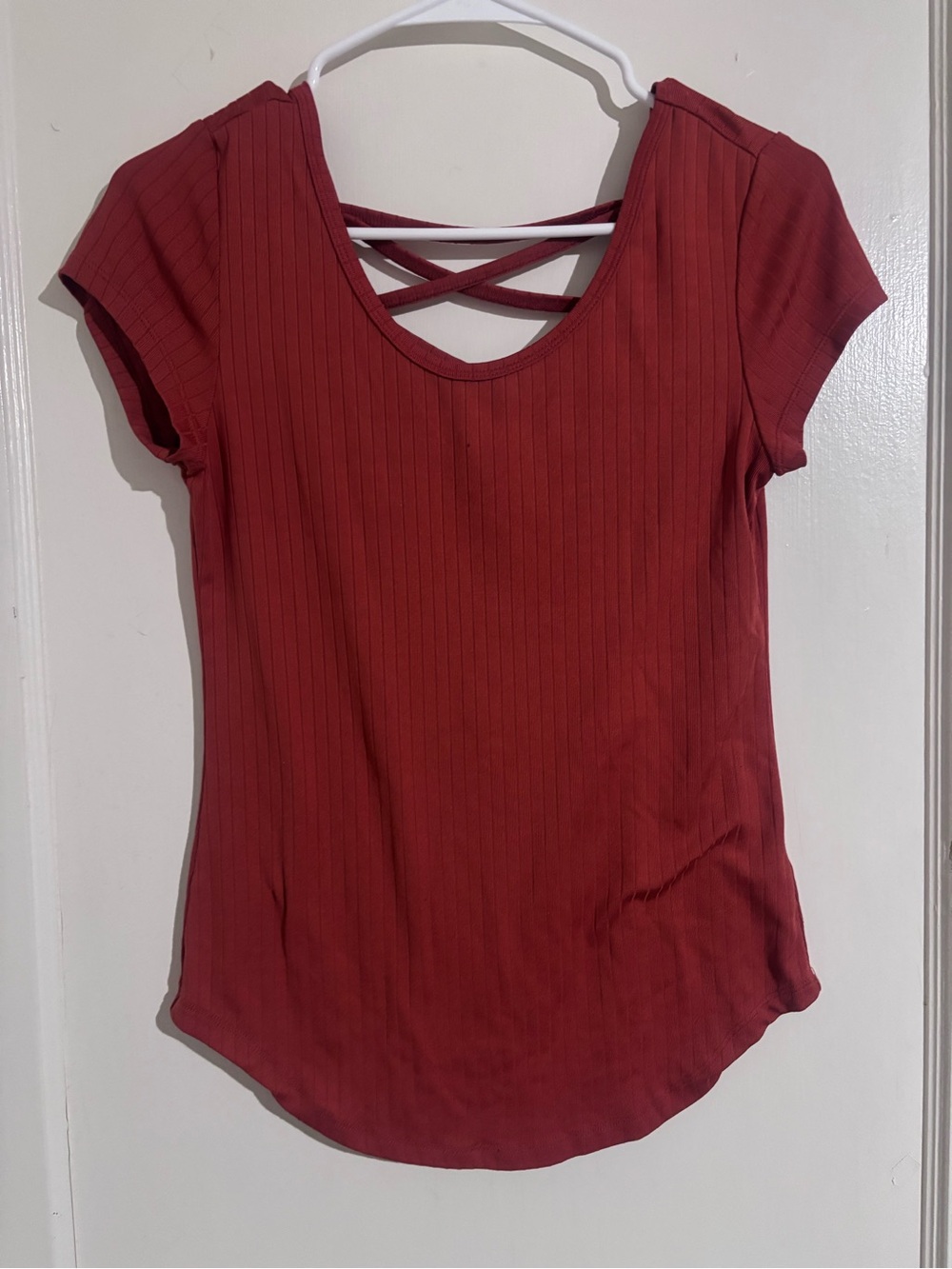 Women’s Crisscross Back Ribbed Tee — red orange